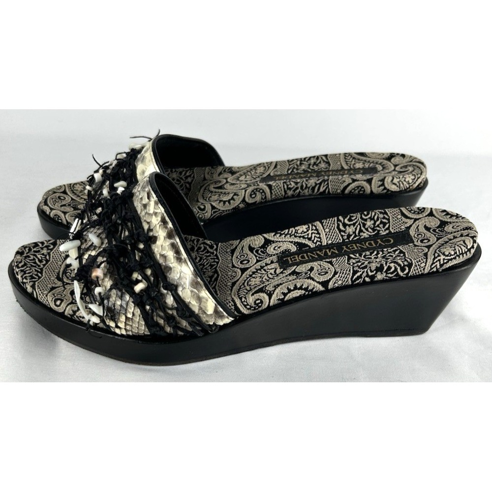 Cydney Mandel Black White Hand Made Wooden Wedge Heels Sandals Sz 8 Beads Fringe